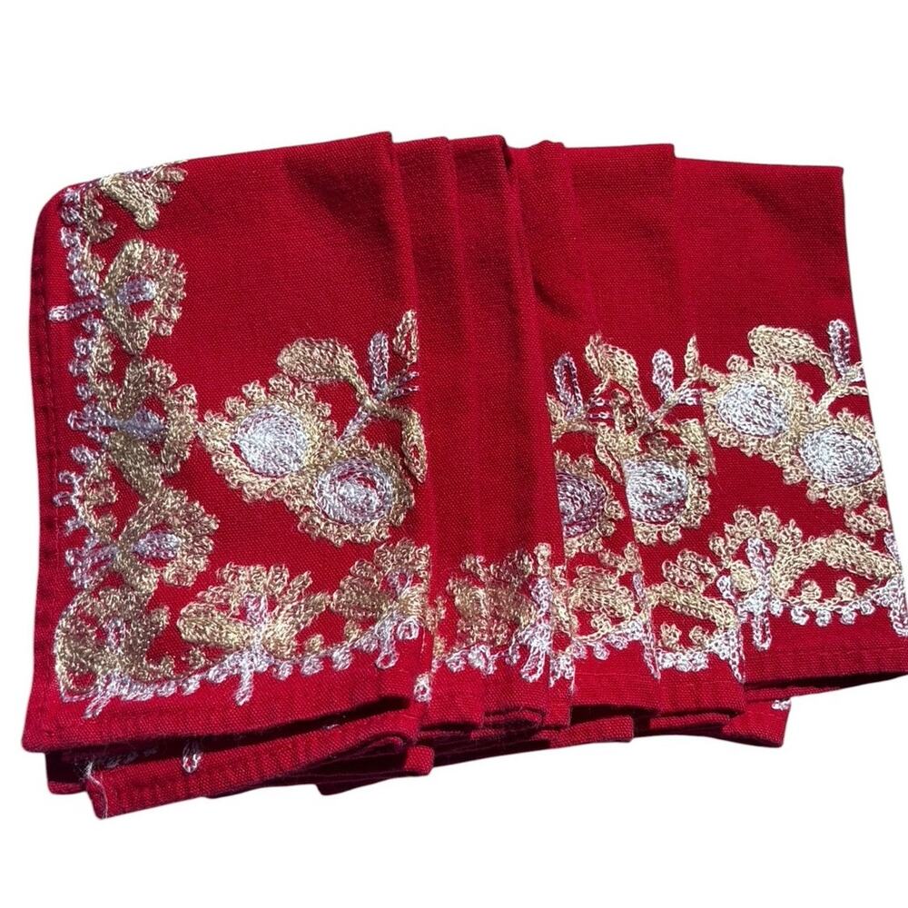 Set of 6 Red Vintage Napkins Heavily Embroidered Boho Elwgant Festive Romantic